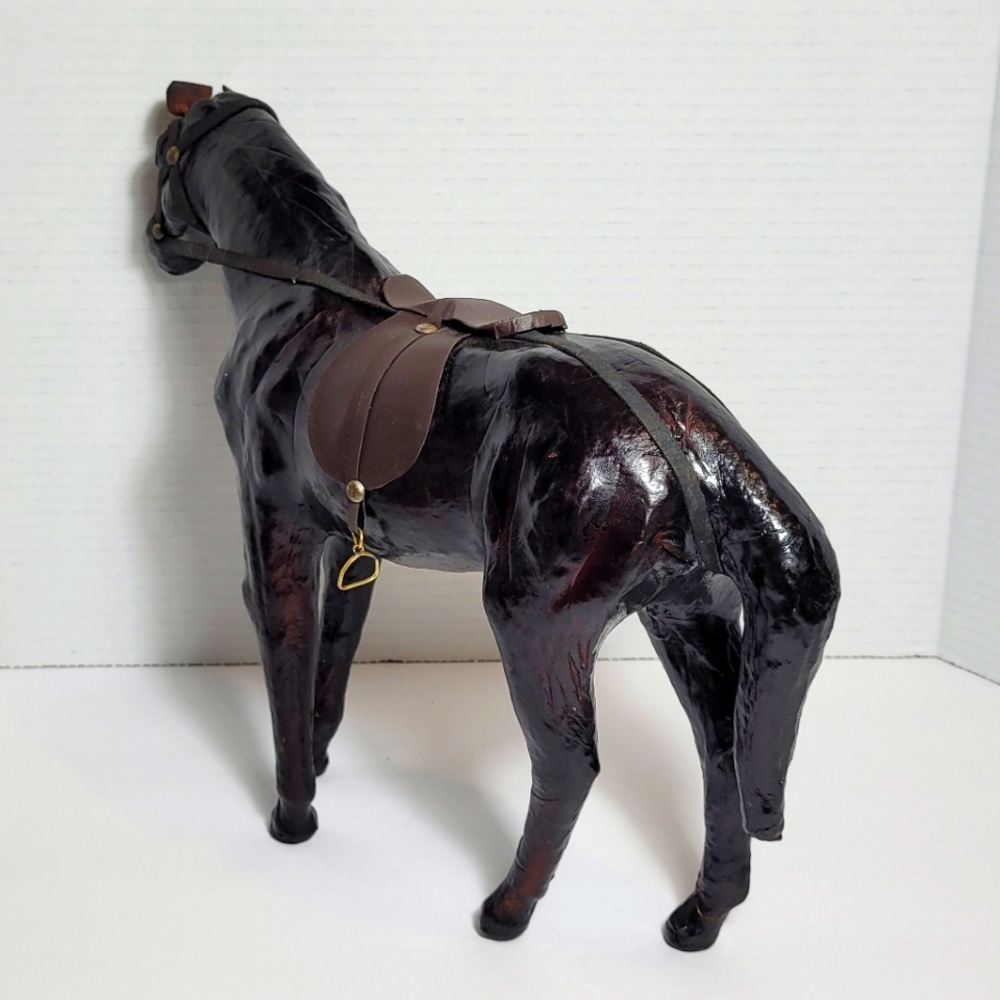 Vintage Brown Leather Wrapped Horse Statue Figure With Saddle - Picture 6 of 12